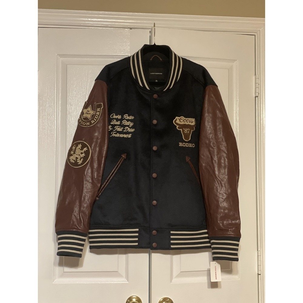Lucky Brand Jacket Mens 2XL Blue Wool Leather‎ Varsity Coors Rodeo Club Beer